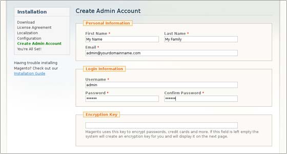 Magento installation admin account